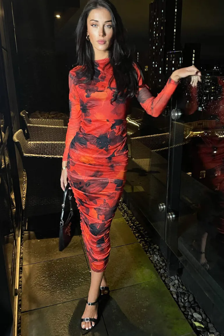 Red Printed Mesh Long Sleeve Bodycon Midi Dress