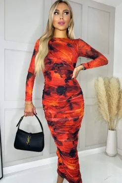 Red Printed Mesh Long Sleeve Bodycon Midi Dress