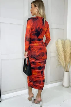 Red Printed Mesh Long Sleeve Bodycon Midi Dress