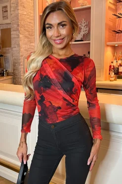 Red Printed Mesh Long Sleeve Bodysuit