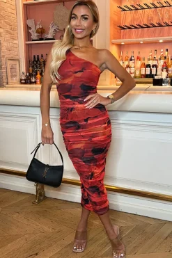 Red Printed Mesh One Shoulder Bodycon Midi Dress
