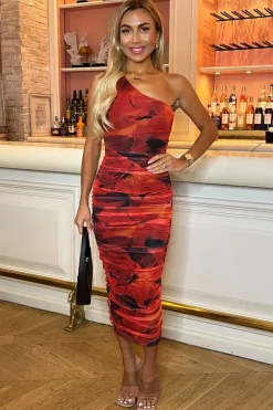 Red Printed Mesh One Shoulder Bodycon Midi Dress