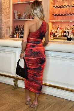 Red Printed Mesh One Shoulder Bodycon Midi Dress