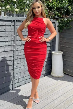 Red Ruched Pleated Top Midi Dress