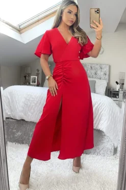 Red Ruched Split Leg Midi Dress