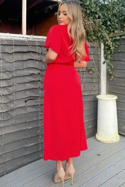 Red Ruched Split Leg Midi Dress