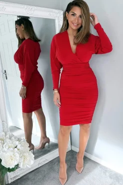 Red Ruched Wrap Top Midi Dress