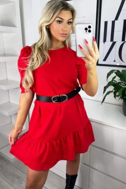 Red Ruffle Sleeve Shift Dress