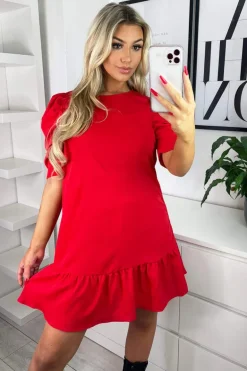 Red Ruffle Sleeve Shift Dress
