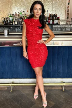 Red Sequin High Neck Ruched Bodycon Mini Dress
