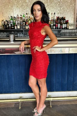 Red Sequin High Neck Ruched Bodycon Mini Dress