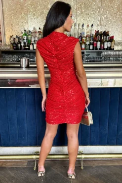 Red Sequin High Neck Ruched Bodycon Mini Dress