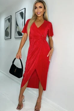 Red Short Sleeve Plisse Wrap Midi Dress