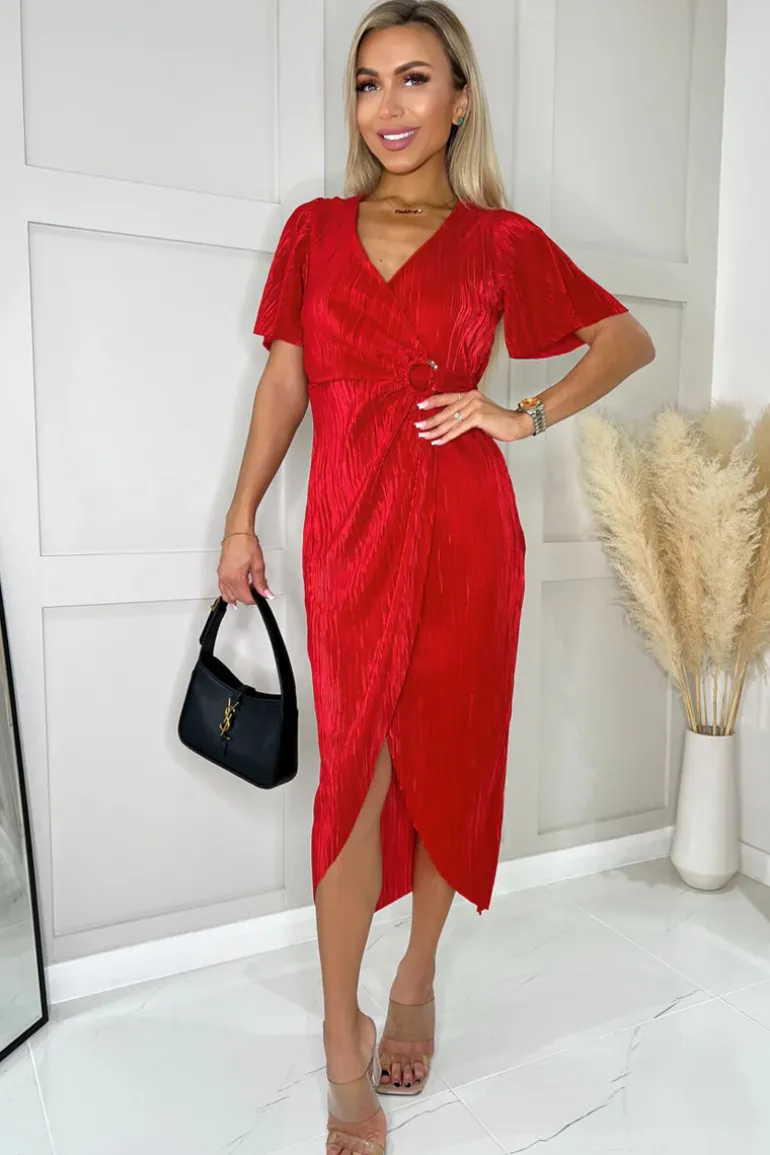 Red Short Sleeve Plisse Wrap Midi Dress