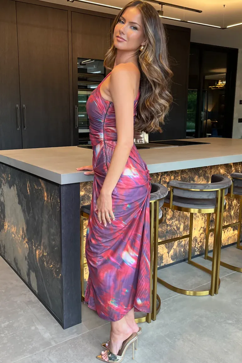 Red Tie Dye Print One Shoulder Knot Skirt Mesh Midi Dress