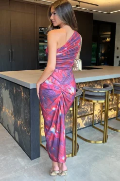 Red Tie Dye Print One Shoulder Knot Skirt Mesh Midi Dress