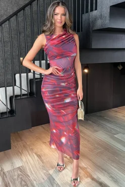 Red Tie Dye Print Ruched Bodycon Mesh Midi Dress