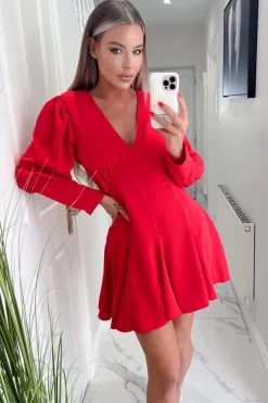 Red V-Neck Long Sleeve Skater Dress