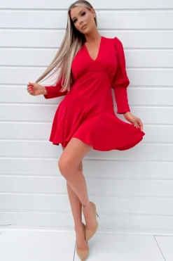 Red V-Neck Long Sleeve Skater Dress
