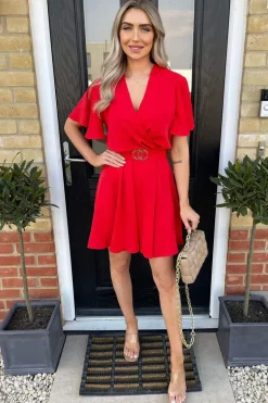Red Wrap Over Belted Skater Dress With Short Sleeves