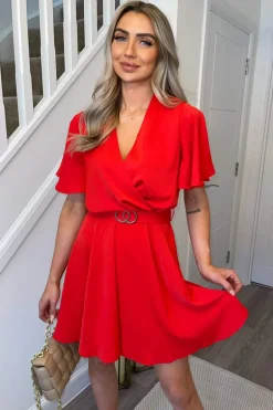 Red Wrap Over Belted Skater Dress With Short Sleeves