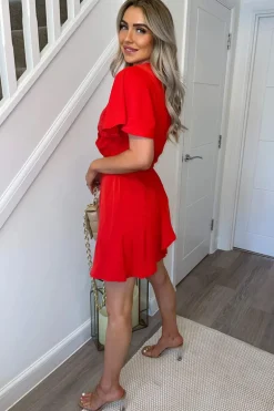 Red Wrap Over Belted Skater Dress With Short Sleeves