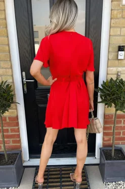 Red Wrap Over Belted Skater Dress With Short Sleeves