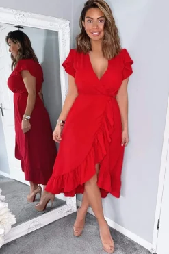 Red Wrap Over Frill Hem Short Sleeve Midi Dress