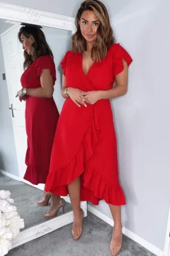 Red Wrap Over Frill Hem Short Sleeve Midi Dress