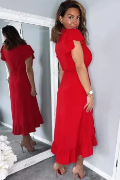 Red Wrap Over Frill Hem Short Sleeve Midi Dress