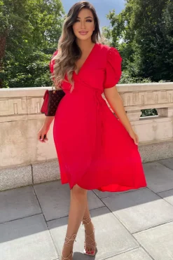 Red Wrap Over Tie Midi Dress