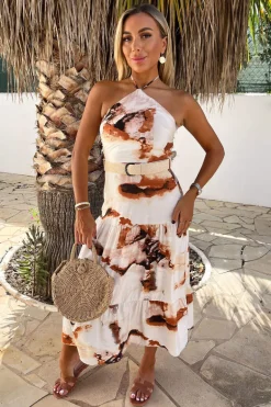 Rust And Cream Smudge Print Halterneck Straw Belt Tiered Midi Dress