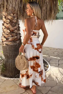 Rust And Cream Smudge Print Halterneck Straw Belt Tiered Midi Dress