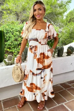 Rust And Cream Smudge Print Shirred Waist Smock Midi Dress