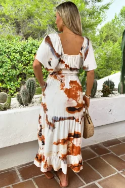 Rust And Cream Smudge Print Shirred Waist Smock Midi Dress