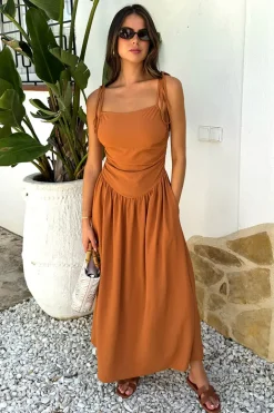 Rust Drawstring Tie Straps Ruched Top Midi Dress