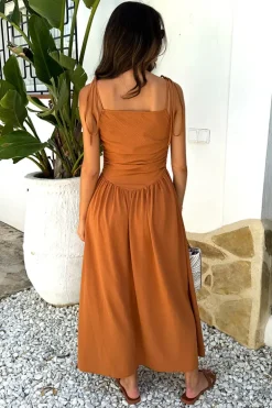 Rust Drawstring Tie Straps Ruched Top Midi Dress