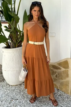 Rust Halterneck Straw Belt Tiered Midi Dress