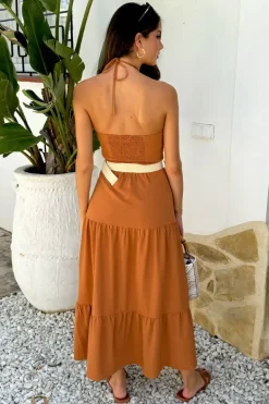 Rust Halterneck Straw Belt Tiered Midi Dress