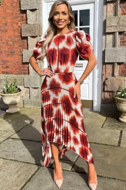 Rust Printed Puff Sleeve Zig Zag Hem Pleated Midi Dress