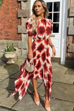 Rust Printed Puff Sleeve Zig Zag Hem Pleated Midi Dress