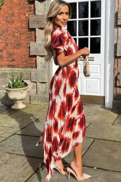 Rust Printed Puff Sleeve Zig Zag Hem Pleated Midi Dress