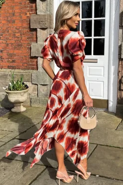 Rust Printed Puff Sleeve Zig Zag Hem Pleated Midi Dress