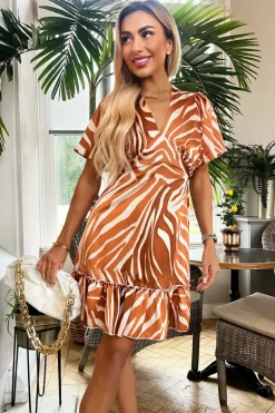 Rust Printed Short Sleeve V Neck Mini Dress