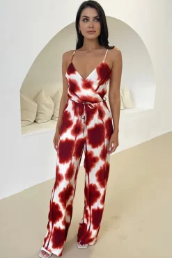 Rust Printed Strappy Tie Waist Jumpsuit