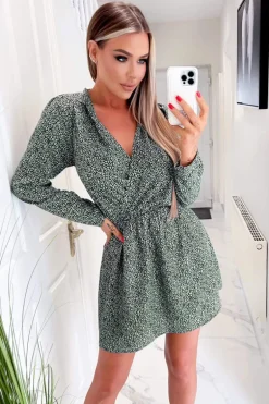 Sage And Black Printed Long Sleeve Mini Dress