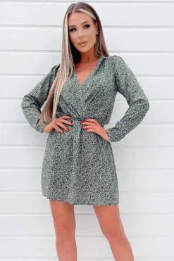 Sage And Black Printed Long Sleeve Mini Dress