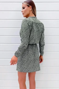 Sage And Black Printed Long Sleeve Mini Dress