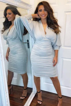 Silver Ruched Bat Wing Sleeve Midi Dress