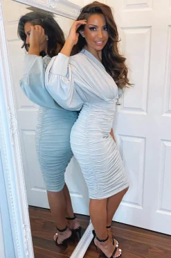 Silver Ruched Bat Wing Sleeve Midi Dress